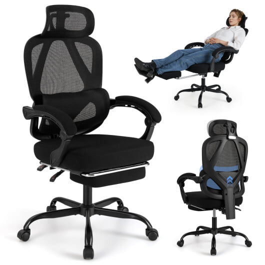 Ergonomic Office Chair High Back Mesh Desk Chair with Retractable Footrest-Black - Color: Black