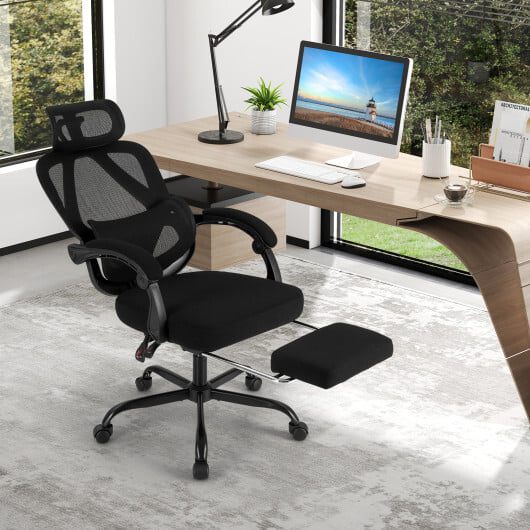 Ergonomic Office Chair High Back Mesh Desk Chair with Retractable Footrest-Black - Color: Black - Image 2