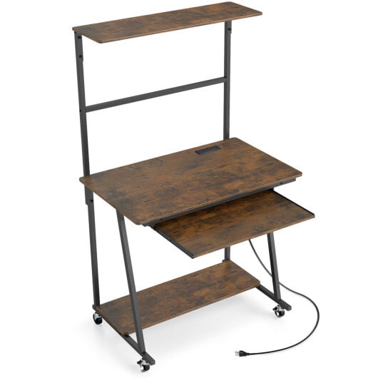 Small Computer Desk with Charging Station and LED Lights and Wheels-Rustic Brown - Color: Rustic Brown