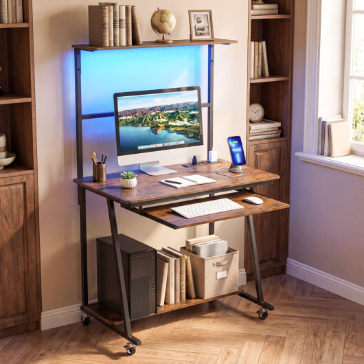 Small Computer Desk with Charging Station and LED Lights and Wheels-Rustic Brown - Color: Rustic Brown - Image 2