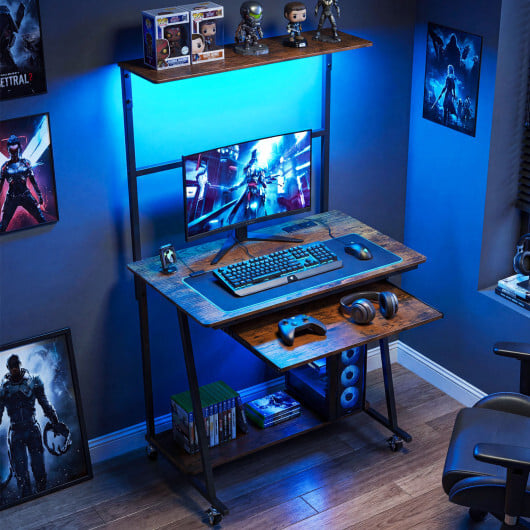 Small Computer Desk with Charging Station and LED Lights and Wheels-Rustic Brown - Color: Rustic Brown - Image 3