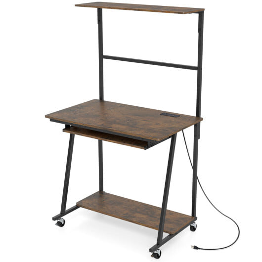 Small Computer Desk with Charging Station and LED Lights and Wheels-Rustic Brown - Color: Rustic Brown - Image 4
