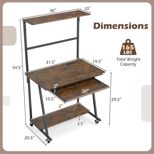 Small Computer Desk with Charging Station and LED Lights and Wheels-Rustic Brown - Color: Rustic Brown - Image 5