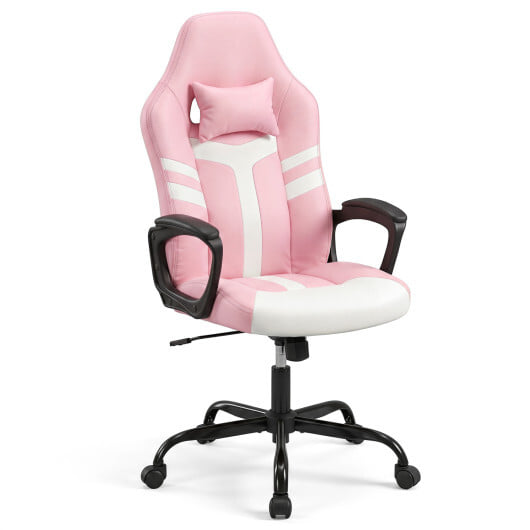 Faux Leather Upholstered Office Chair with Removable Head Pillow and Rocking Function-Pink - Color: Pink