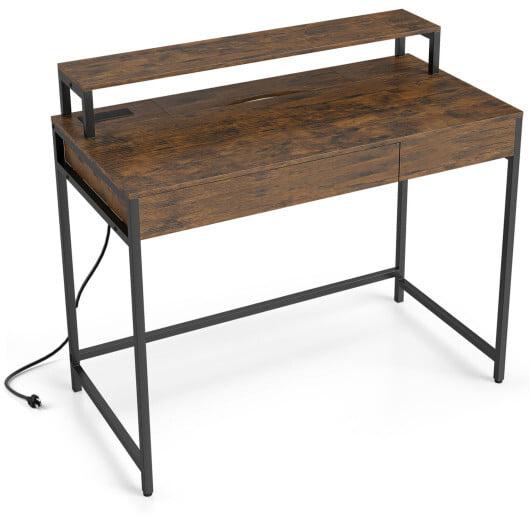 Compact Office Desk with Removable Monitor Shelf and Dual-use Drawer-Rustic Brown - Color: Rustic Brown