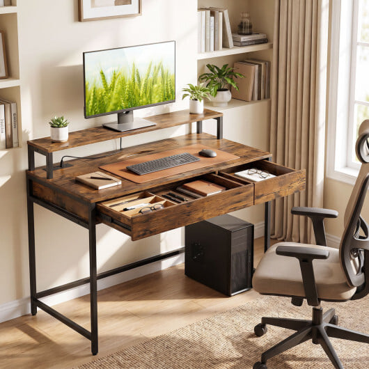 Compact Office Desk with Removable Monitor Shelf and Dual-use Drawer-Rustic Brown - Color: Rustic Brown - Image 2
