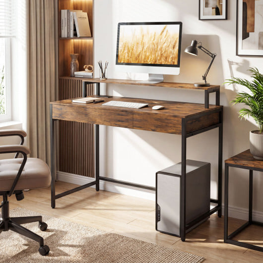 Compact Office Desk with Removable Monitor Shelf and Dual-use Drawer-Rustic Brown - Color: Rustic Brown - Image 3