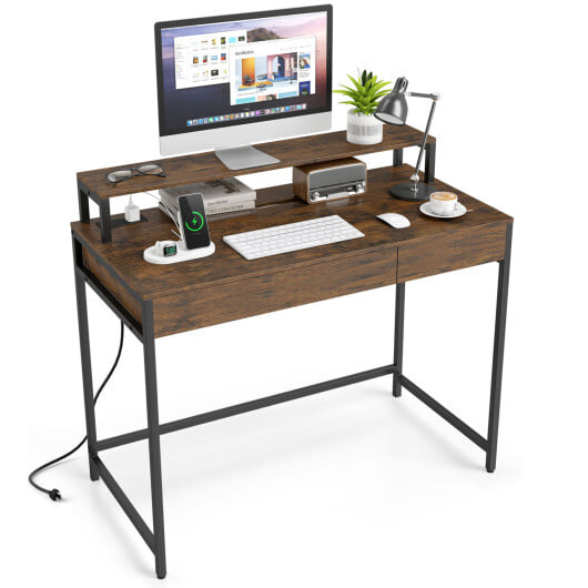 Compact Office Desk with Removable Monitor Shelf and Dual-use Drawer-Rustic Brown - Color: Rustic Brown - Image 4