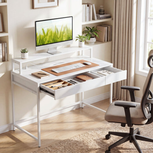 Compact Office Desk with Removable Monitor Shelf and Dual-use Drawer-White - Color: White - Image 2