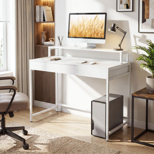 Compact Office Desk with Removable Monitor Shelf and Dual-use Drawer-White - Color: White - Image 3