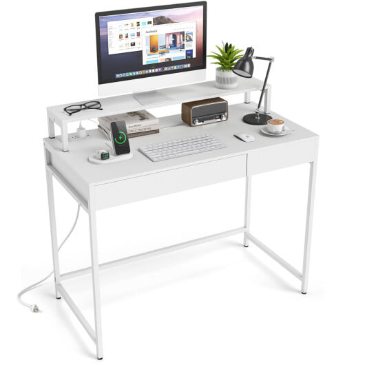 Compact Office Desk with Removable Monitor Shelf and Dual-use Drawer-White - Color: White - Image 4
