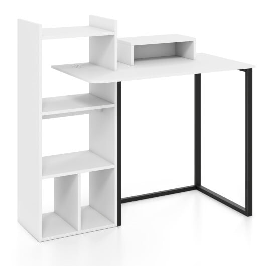 43.5" Computer Desk with Charging Station and Ergonomic Monitor Stand-White - Color: White