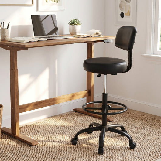 Office Drafting Chair with Back & Adjustable Footring and Wheels for Desk-Black - Color: Black - Image 3