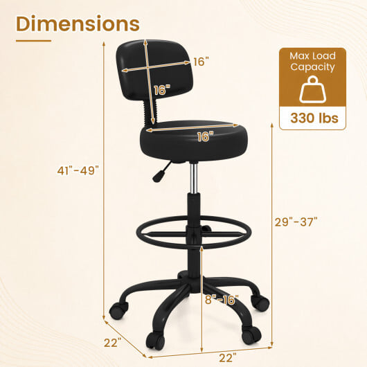 Office Drafting Chair with Back & Adjustable Footring and Wheels for Desk-Black - Color: Black - Image 4