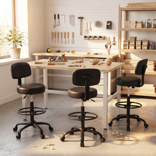 Office Drafting Chair with Back & Adjustable Footring and Wheels for Desk-Black - Color: Black - Image 5