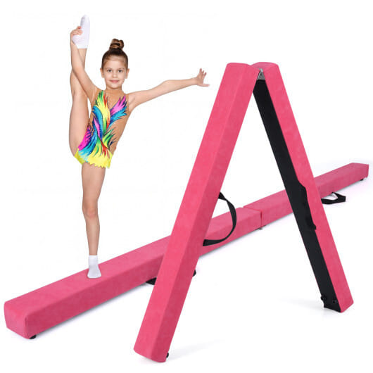 7 Feet Folding Portable Floor Balance Beam with Handles for Gymnasts-Rose - Color: Rose Red