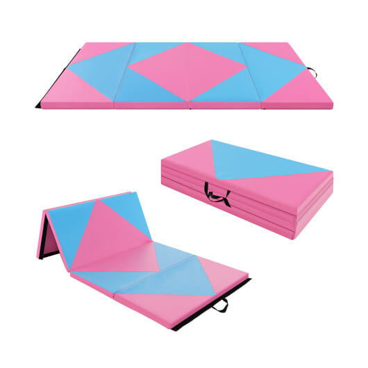 8 Feet PU Leather Folding Gymnastics Mat with Hook and Loop Fasteners-Pink & Blue - Color: Pink & Blue