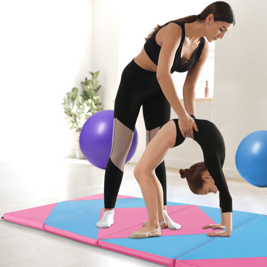 8 Feet PU Leather Folding Gymnastics Mat with Hook and Loop Fasteners-Pink & Blue - Color: Pink & Blue - Image 3