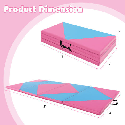 8 Feet PU Leather Folding Gymnastics Mat with Hook and Loop Fasteners-Pink & Blue - Color: Pink & Blue - Image 4