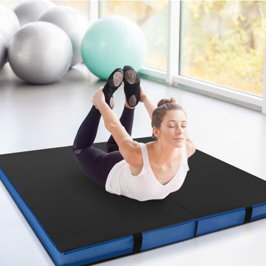 Bi-Fold Gymnastics Mat Thick Folding Exercise Mat with Carrying Handles-Black - Color: Black - Image 3