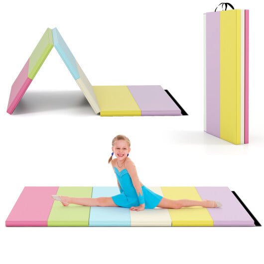 PU Leather Tri-Folding Gymnastics Tumbling Mat with Carrying Handles-Macaron - Color: Macaron