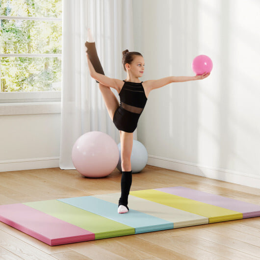 PU Leather Tri-Folding Gymnastics Tumbling Mat with Carrying Handles-Macaron - Color: Macaron - Image 2