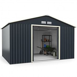 Category: Dropship Outdoors, SKU #GT3733GR+, Title: 11 x 8 Feet Metal Storage Shed for Garden and Tools with 2 Lockable Sliding Doors-Gray - Color: Gray