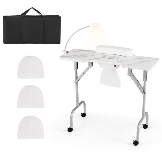 Folding Manicure Nail Table with Electric Dust Collector-White - Color: White - Image 4