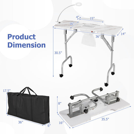 Folding Manicure Nail Table with Electric Dust Collector-White - Color: White - Image 5