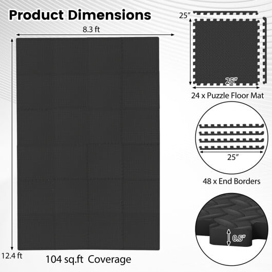 24Tiles 1/2" Puzzle Exercise Floor Mats-Black - Color: Black - Image 5