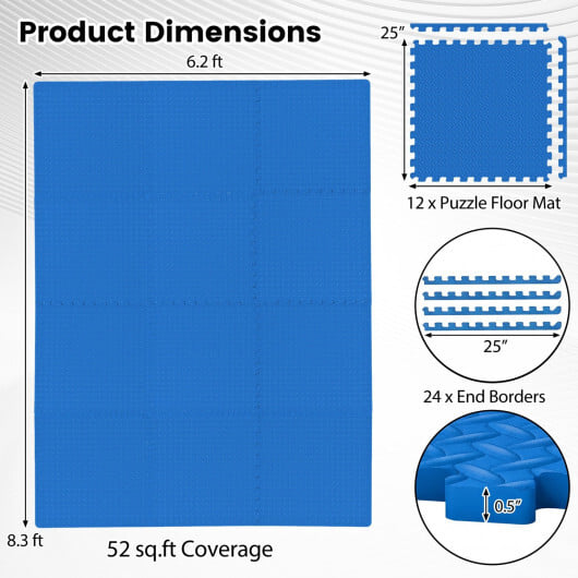 12 Tiles 1/2" Puzzle Exercise Floor Mats-Blue - Color: Blue - Image 5
