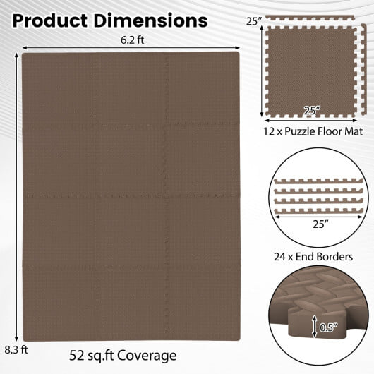 12Tiles 1/2" Puzzle Exercise Floor Mats-Brown - Color: Brown - Image 4