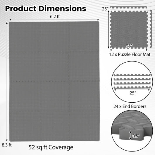 12Tiles 1/2" Puzzle Exercise Floor Mats-Gray - Color: Gray - Image 5