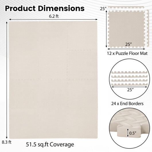 12Tiles 1/2" Puzzle Exercise Floor Mats-Beige - Color: Beige - Image 4
