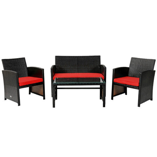 4 Pieces Patio Rattan Cushioned Furniture Set-Red – Color: Red