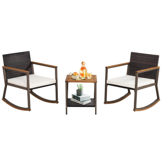 3 Pieces Rattan Rocking Bistro Set with Coffee Table and Cushions-Off White – Co