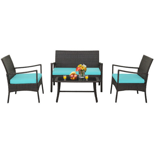 4 Pieces Rattan Conversation Set with Tempered Glass Coffee Table-Turquoise – Co