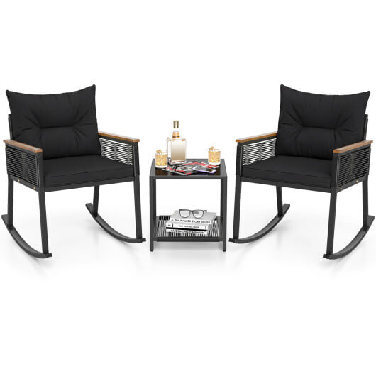 3 Piece Outdoor PE Rattan Rocking Bistro Set with 2-Tier Coffee Table-Blackcolor - Color: Black