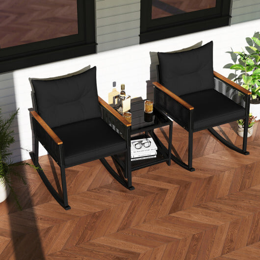 3 Piece Outdoor PE Rattan Rocking Bistro Set with 2-Tier Coffee Table-Blackcolor - Color: Black - Image 2