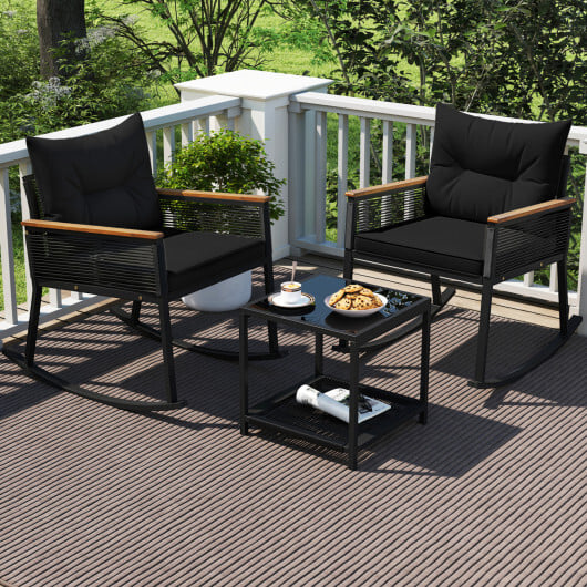 3 Piece Outdoor PE Rattan Rocking Bistro Set with 2-Tier Coffee Table-Blackcolor - Color: Black - Image 3