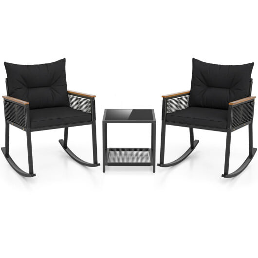 3 Piece Outdoor PE Rattan Rocking Bistro Set with 2-Tier Coffee Table-Blackcolor - Color: Black - Image 4