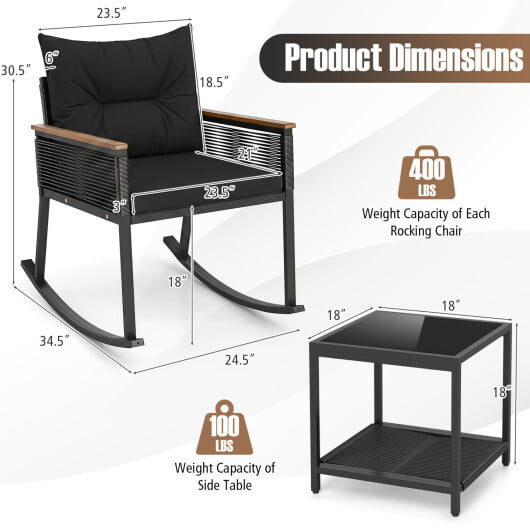 3 Piece Outdoor PE Rattan Rocking Bistro Set with 2-Tier Coffee Table-Blackcolor - Color: Black - Image 5