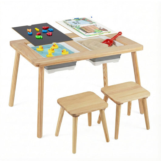 Wooden Kids Activity Table Set with 2 Foldable Storage Bins-Natural - Color: Natural