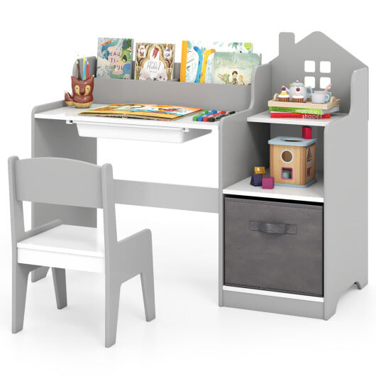 Kids Study Desk and Chair Set with Open Shelves Drawer and Fabric Storage Bin-Gray - Color: Gray