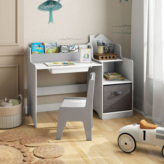 Kids Study Desk and Chair Set with Open Shelves Drawer and Fabric Storage Bin-Gray - Color: Gray - Image 3