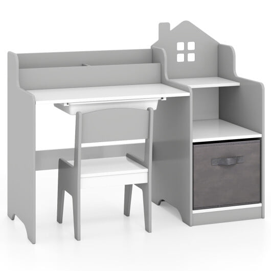 Kids Study Desk and Chair Set with Open Shelves Drawer and Fabric Storage Bin-Gray - Color: Gray - Image 4