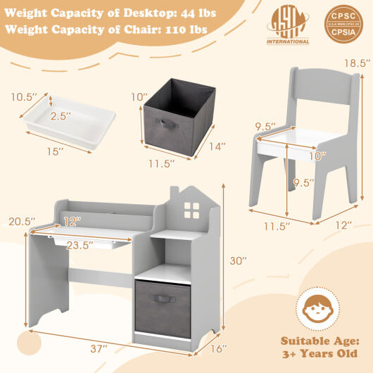 Kids Study Desk and Chair Set with Open Shelves Drawer and Fabric Storage Bin-Gray - Color: Gray - Image 5