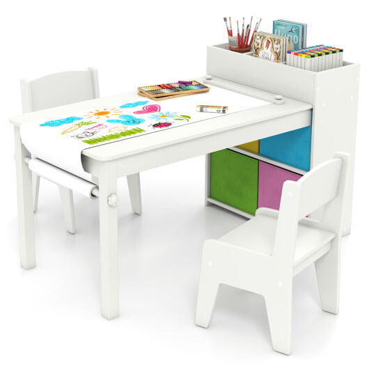 Kids Art Table and Chairs Set with 2 Chairs and Paper Roll-White - Color: White