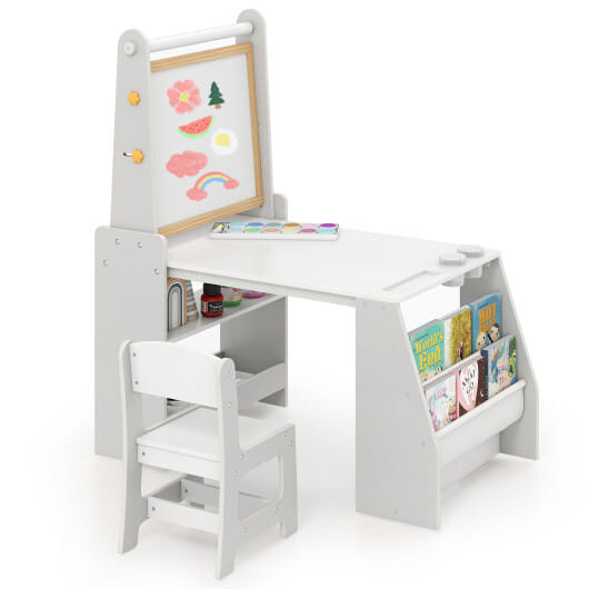Kids Art Table and Chair Set with Easel and Chair for Drawing Reading-Grey - Color: Gray