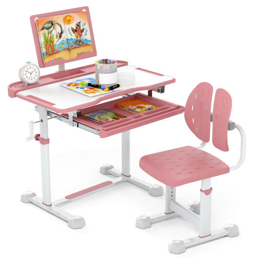 Kid's Study Desk and Chair Set with Tilt Desktop and Book Stand-Pink - Color: Pink